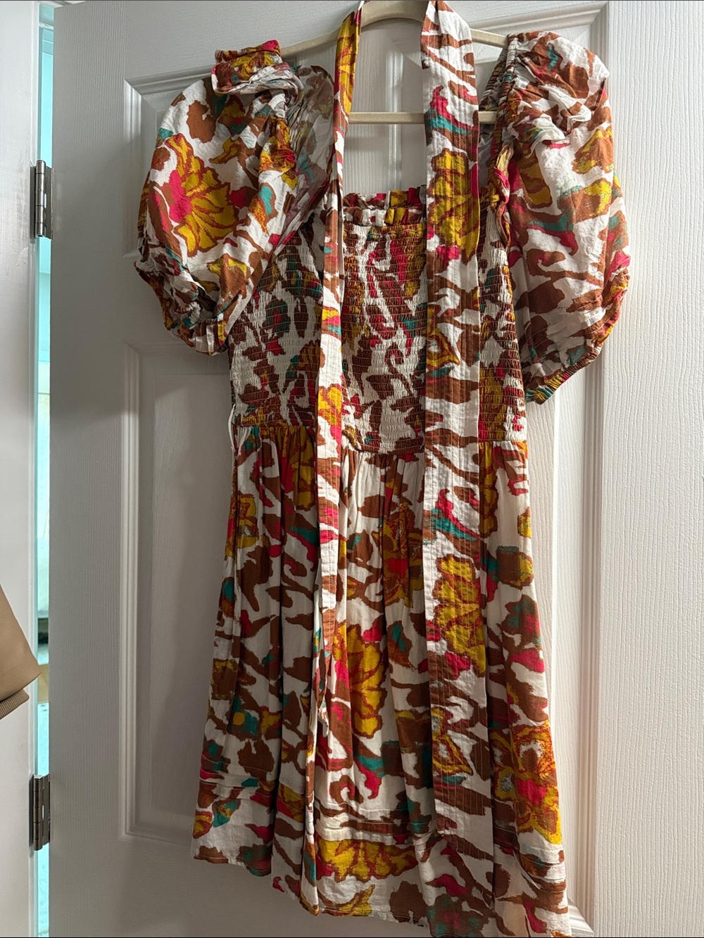 Cleobella Floral Smocked Mini Dress in White, Yellow, Brown & Coral